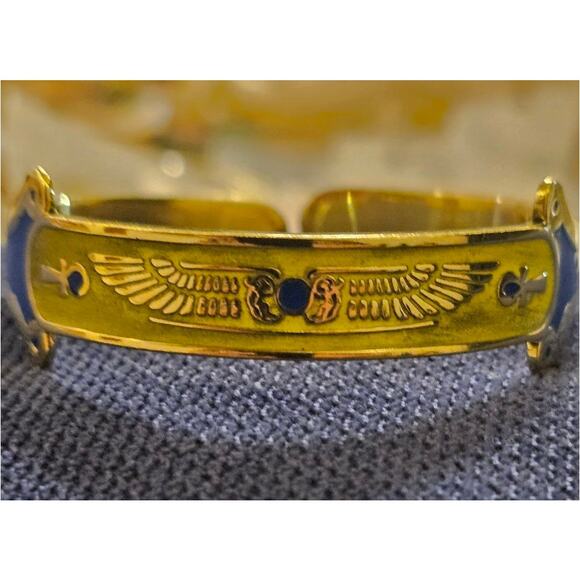 Handmade Egyptian Isis Wings Power Cuff with Yellow & Blue Enamel - Picture 3 of 4